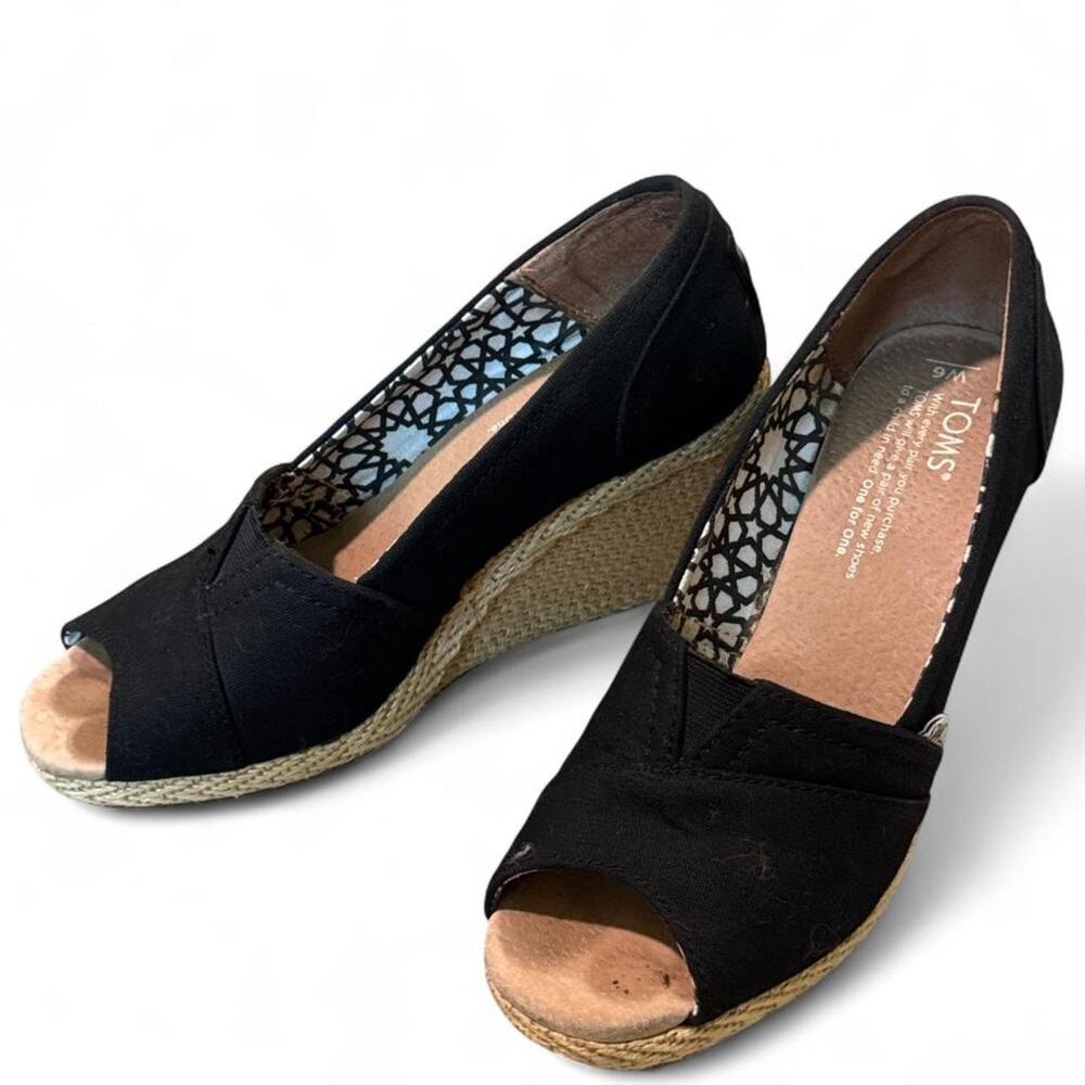 Black canvas peep toe espadrille wedge